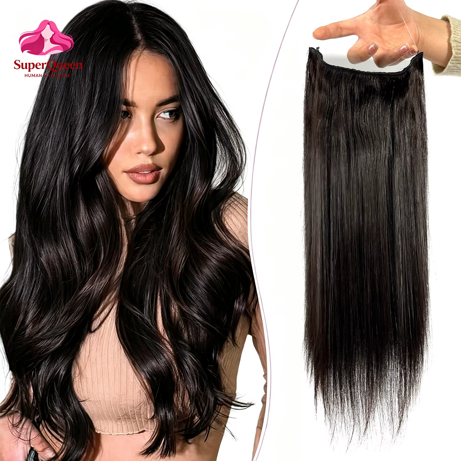 Extensions de cheveux Halo 100% cheveux humains, extensions à clipser avec fil invisible, ligne de pêche invisible # Cheveux raides 1B, 100g/paquet, 16-26 pouces