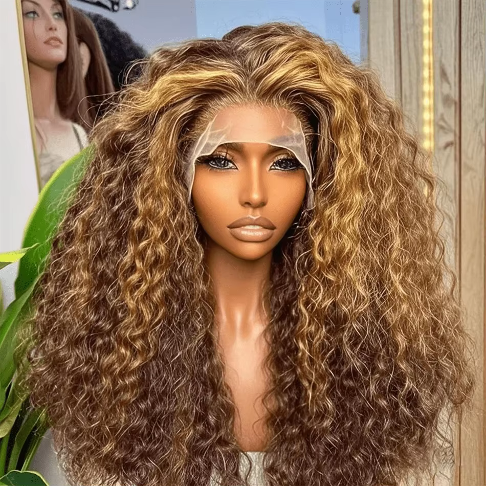 Perruque Lace Frontale 30 Pouces Cheveux Humains Bouclés Ombrés avec Mèches