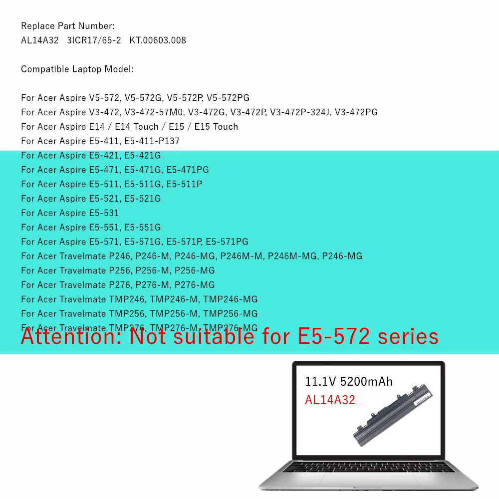 Batterie d'ordinateur portable pour Acer Extensa 2509 EX2509 2510 EX2510 2510G EX2510G AL14A32 V5-572 V3-472 V5-572P