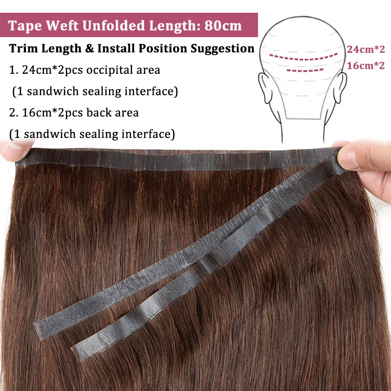 Trame de bande naturelle sans couture, longue bande de trame de peau en PU dans les Extensions humaines, sans colle, cheveux fins, faisceaux de trame longs de 80cm