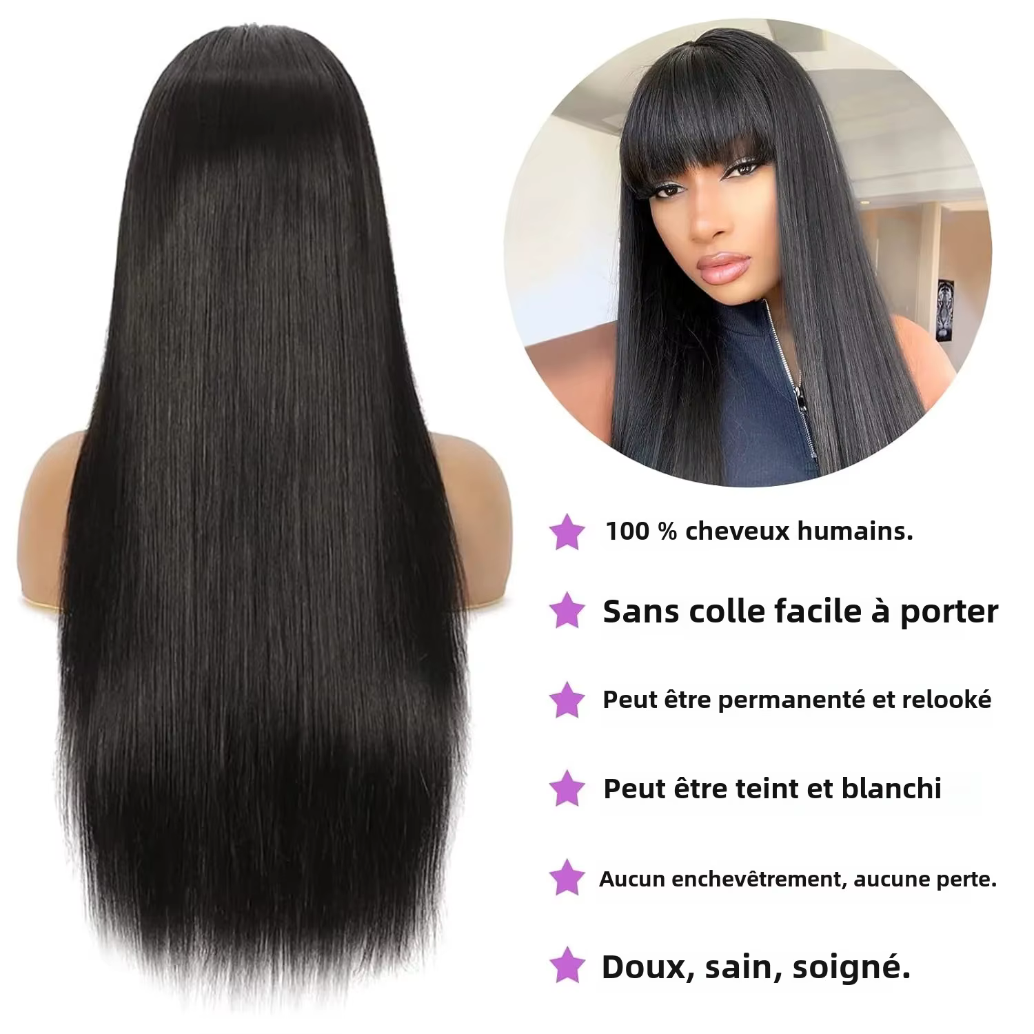 CORIIANA 30 34 pouces longue droite perruque de cheveux humains avec frange pour les femmes pas cher brésilien court