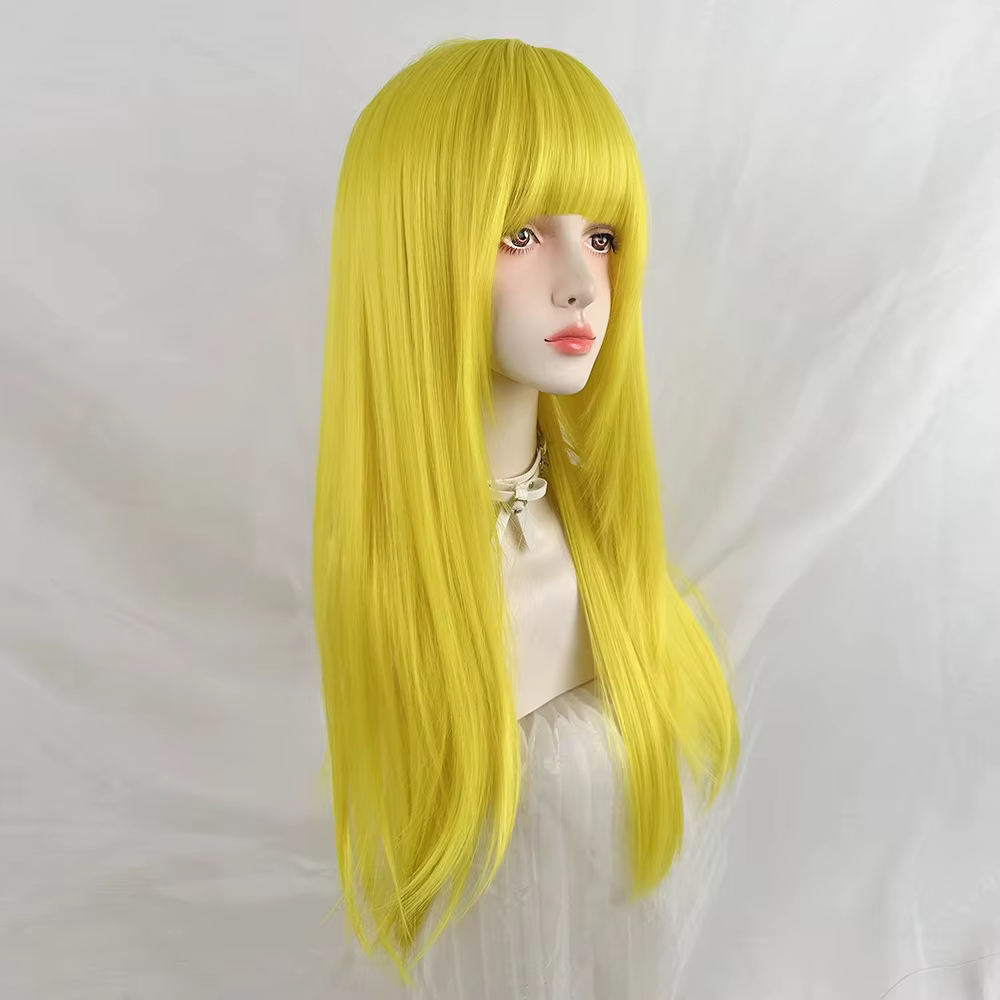 Perruques synthétiques longues et lisses en couches jaune citron avec frange pour femmes