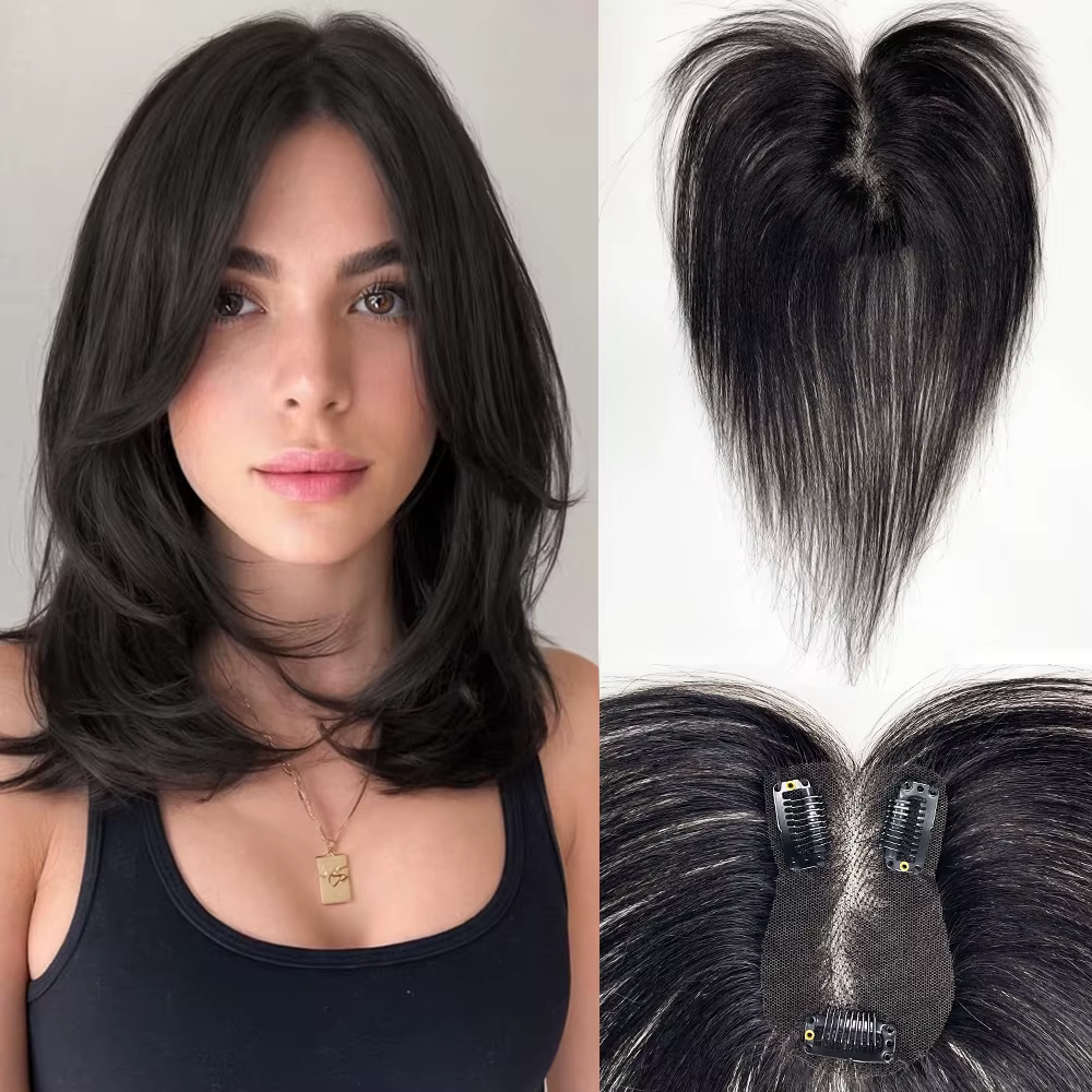 Topper de cheveux humains avec frange de rideau