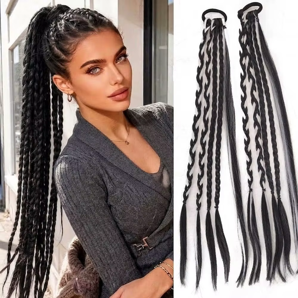 Extensions de queue de cheval tressées longues en cheveux synthétiques