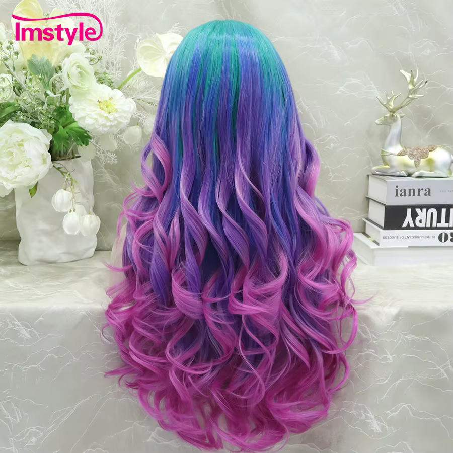 Imstyle Ombre coloré synthétique dentelle avant perruque vert bleu rose violet