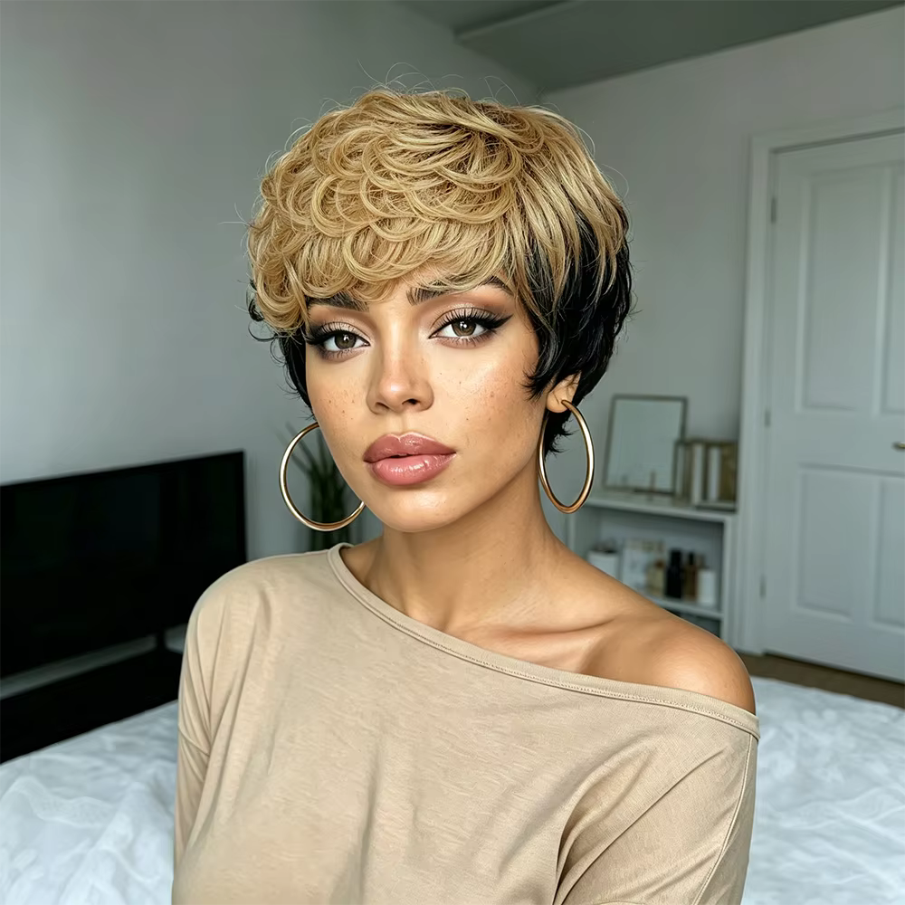 Afro crépus bouclés Bob perruque cheveux humains noir Champagne couleur