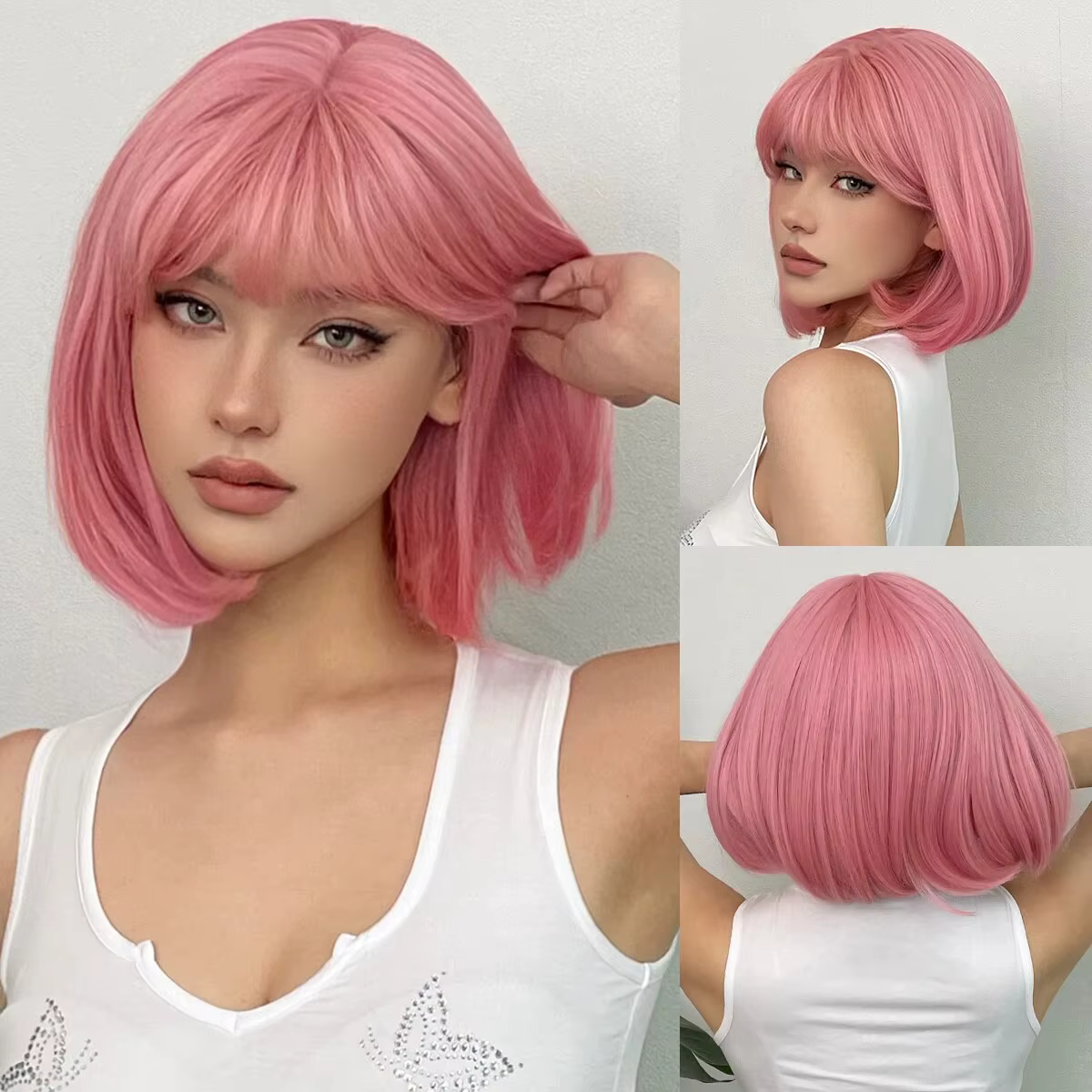 Perruques Bob Synthétiques Courtes Droites avec Frange pour Femme, Cheveux Naturels Roses, Cosplay Mignon, Fibre de Degré de Chaleur