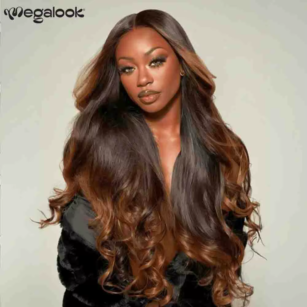 Perruque sans colle mixte marron 13x6 oreille à oreille, Body Wave ombré marron avec cordon de serrage, 100% cheveux humains, nœuds décolorés pré-épilés