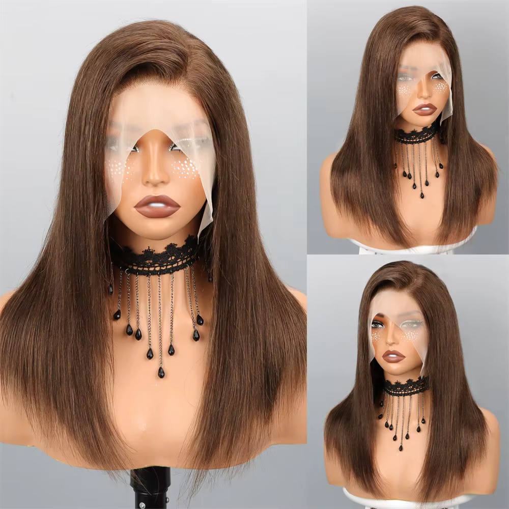 Perruque Lace Front 13x4 Bob Cheveux Humains Bruns Lisses Densité 180% Perruques Frontales en Dentelle Transparente