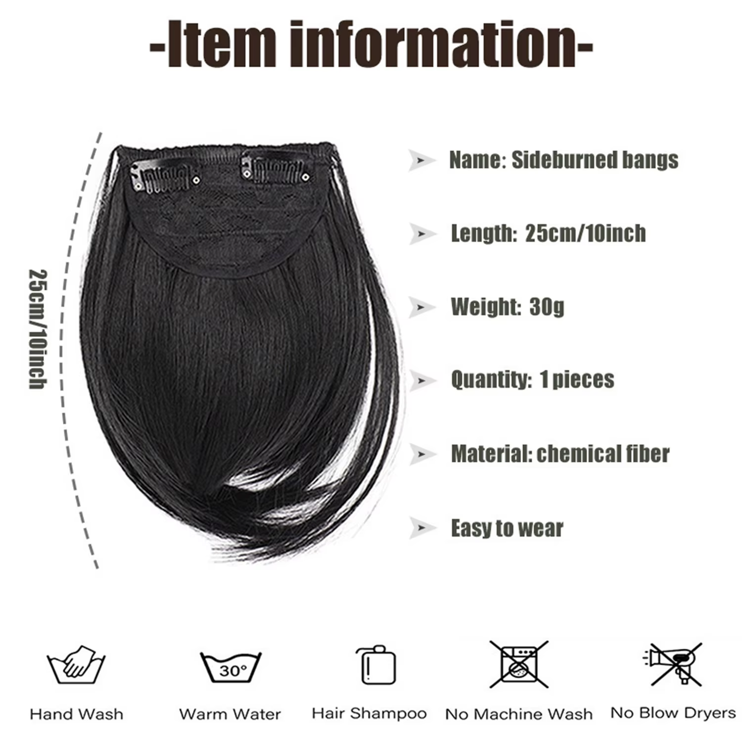 Extensions de cheveux à franges noires à clipser