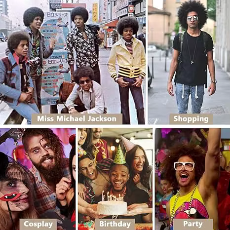 Perruque Afro Disco courte noire bouclée pour hommes