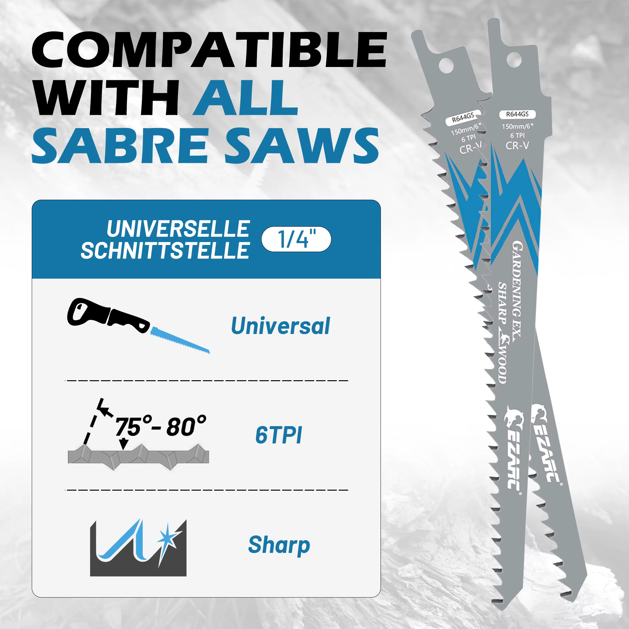 EZARC lames de scie alternative pour l'élagage du bois, 150mm 6TPI /225mm 5TPI CRV lames de scie à dents tranchantes au sol outils de coupe 6 ''9''