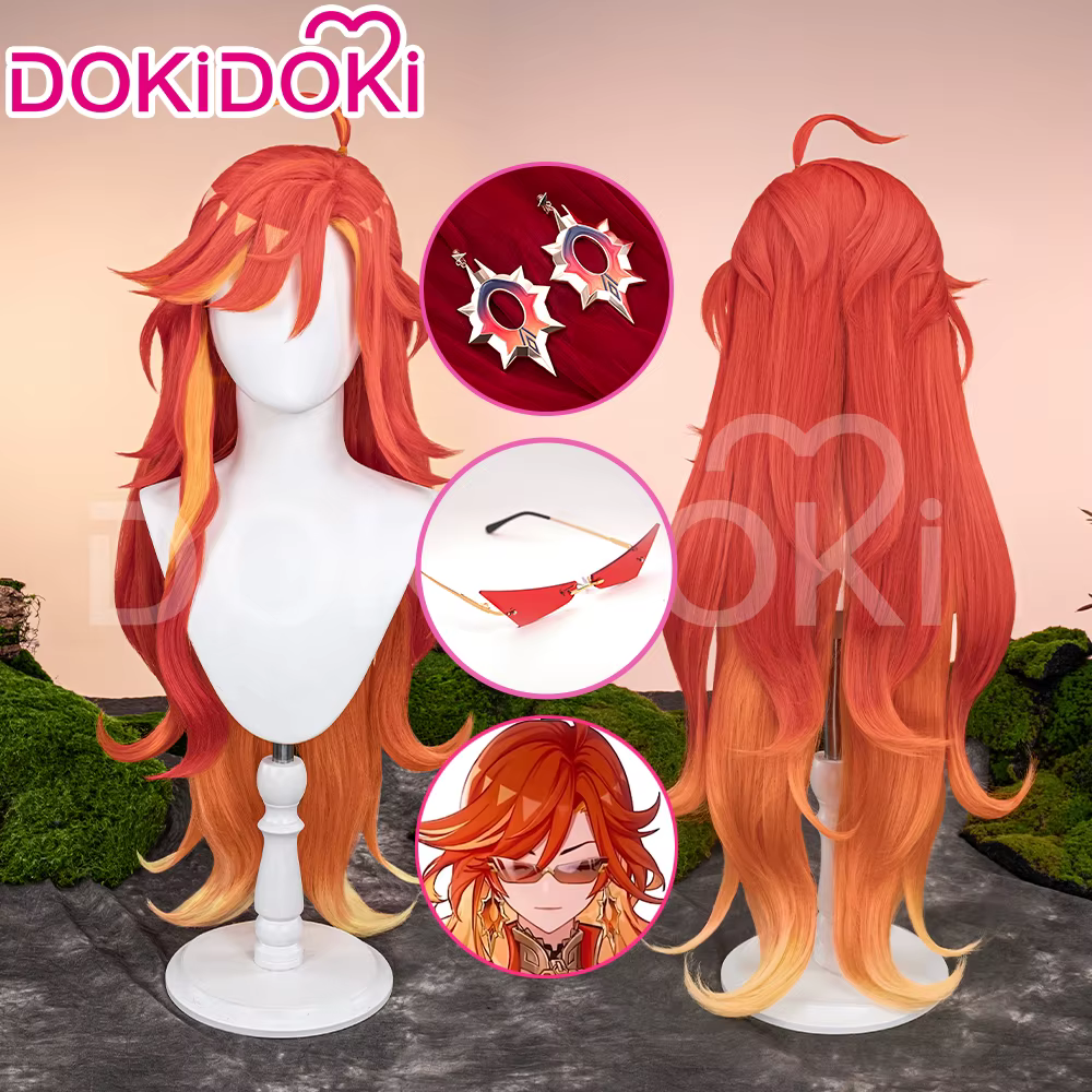 Mavuika perruque jeu Genshin Impact DokiDoki Pyro Archon femmes longue 110 cm perruque lumineuse Natlan Mavuika lunettes Clips d'oreille
