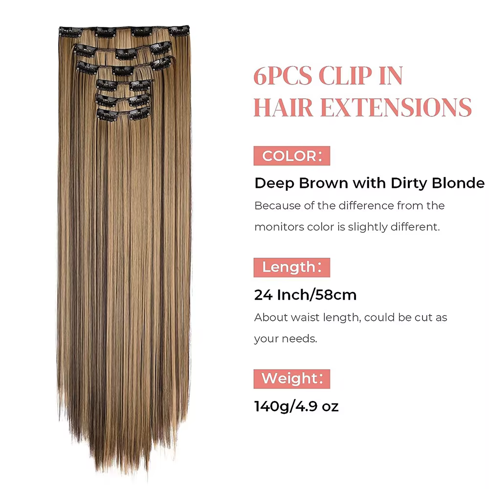 Extensions de cheveux synthétiques noirs 24 "/60cm 140g 6 pièces/ensemble femmes longue ligne droite pleine tête pince 16 Clips Ombre fibre résistante à la chaleur
