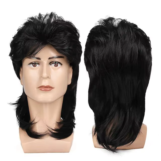 Perruque synthétique Baruisi style années 80 marron pour homme