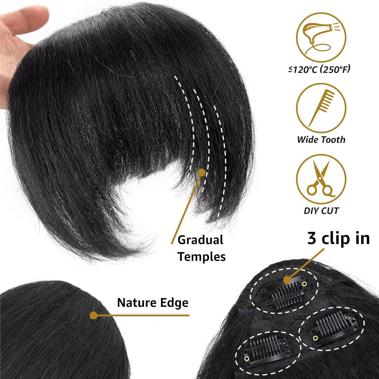 Extensions de cheveux synthétiques Yaki à frange droite pour femmes