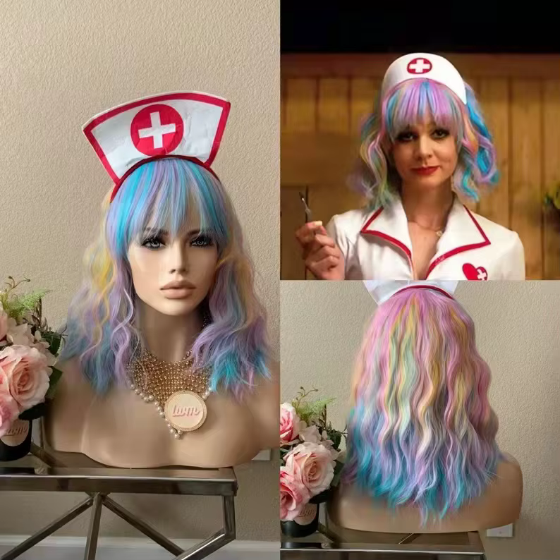 14 "femmes courte ondulée bouclée perruque arc-en-ciel Bob