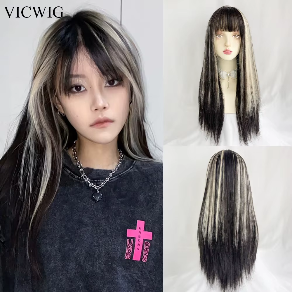 Perruque Synthétique Longue et Lisse avec Frange pour Femme