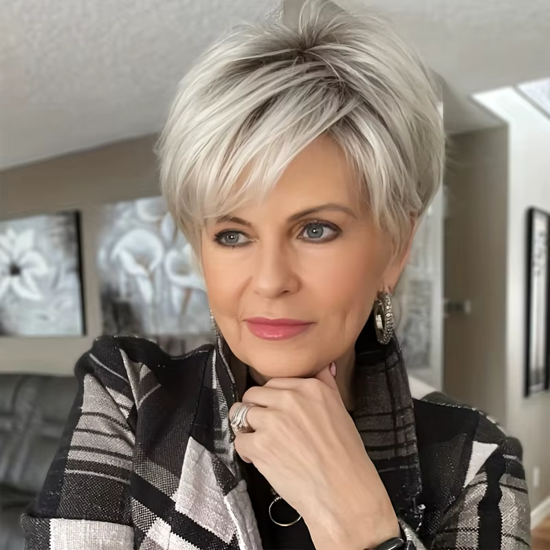 Perruque synthétique tendance pour femme - Bob court gris naturel