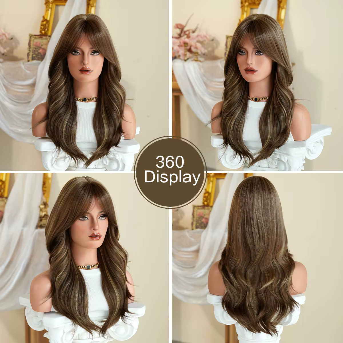 NAMM nouvelle perruque ondulée brune avec frange met en évidence les cheveux blonds