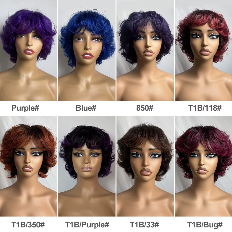 Perruques courtes bouclées violettes style pixie