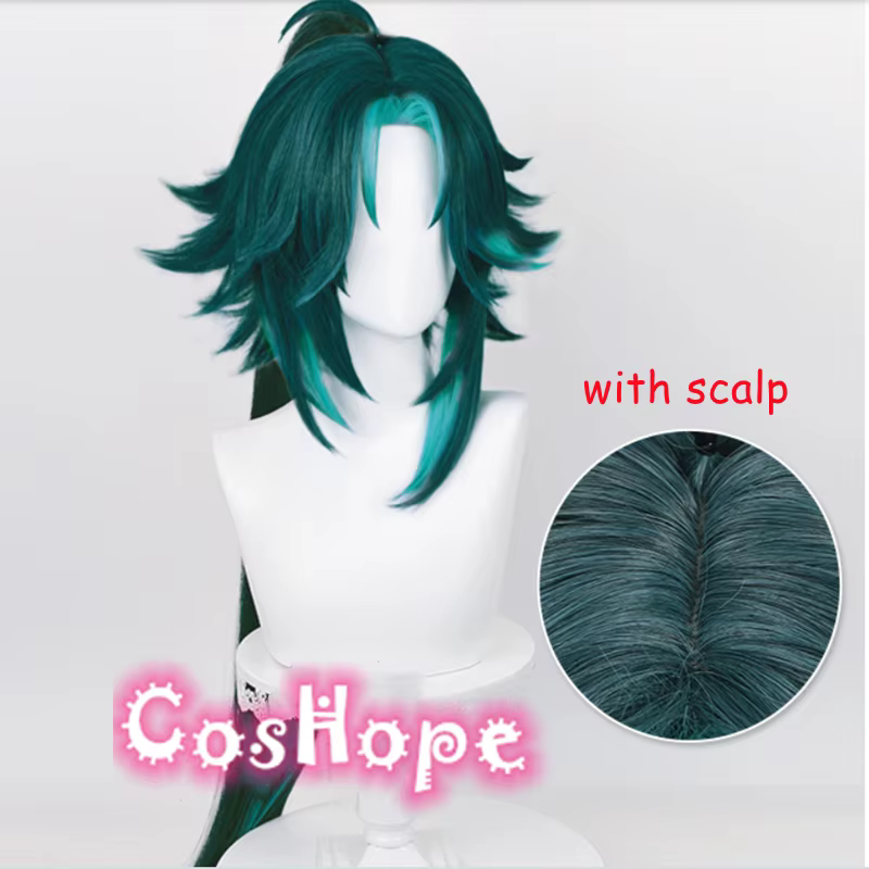 Xiao Cosplay perruque cheveux longs 100 cm queue de cheval vert mixte
