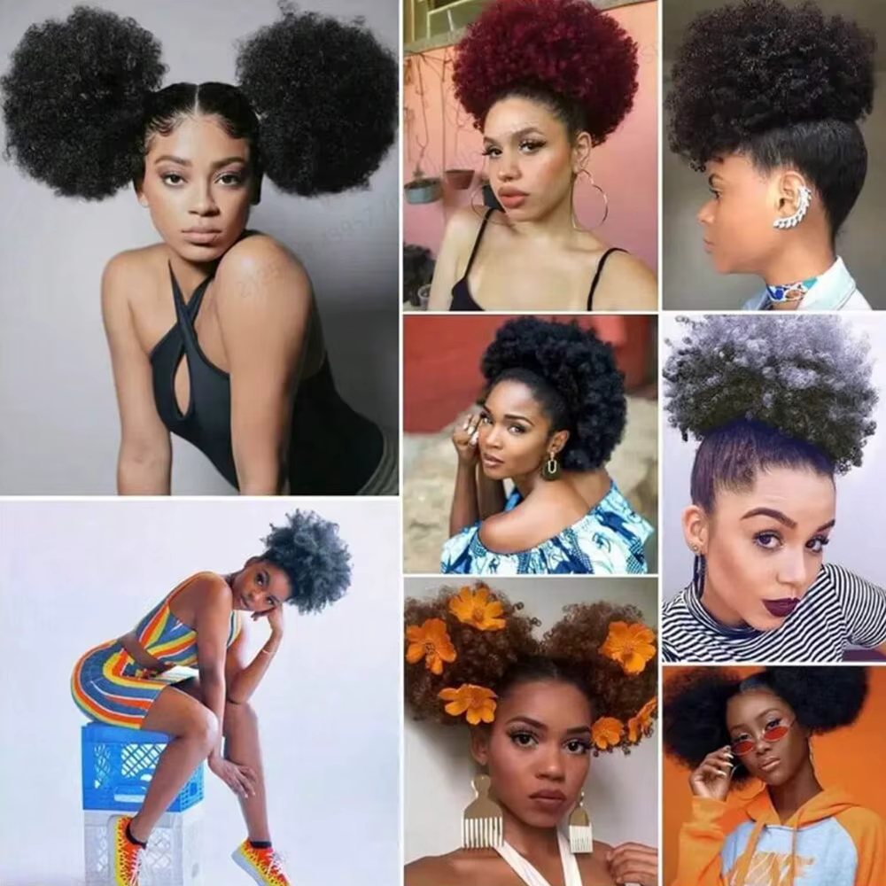 Extension de queue de cheval afro synthétique courte noire avec cordon de serrage pour femmes noires