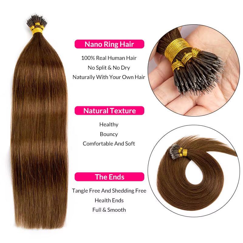Extensions de cheveux naturels à micro-anneaux Nano lisses, 50 pièces/ensemble, brun clair, 50g 100g
