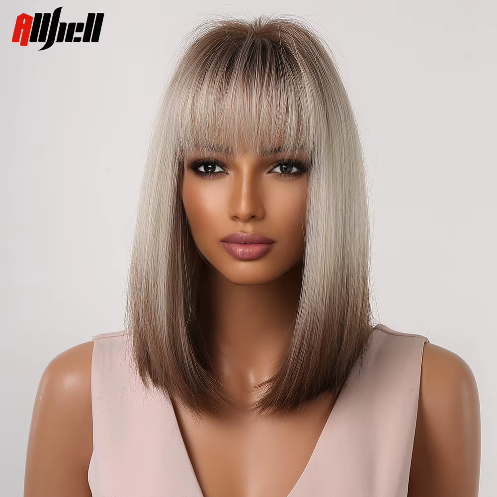 Perruques synthétiques courtes et lisses pour femmes, perruques Bob ombrées blondes à brunes avec frange, faux cheveux résistants à la chaleur pour fête Cosplay quotidienne