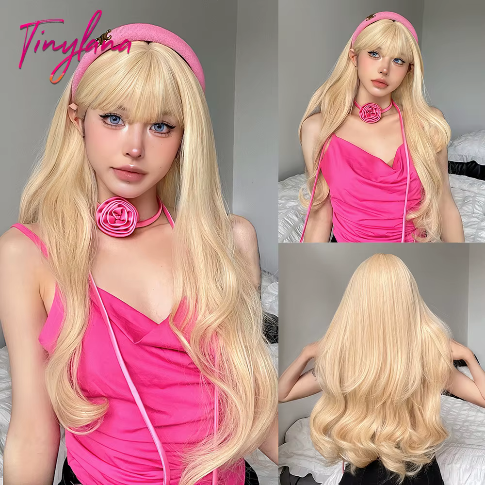 Perruques synthétiques ondulées blondes longues avec frange
