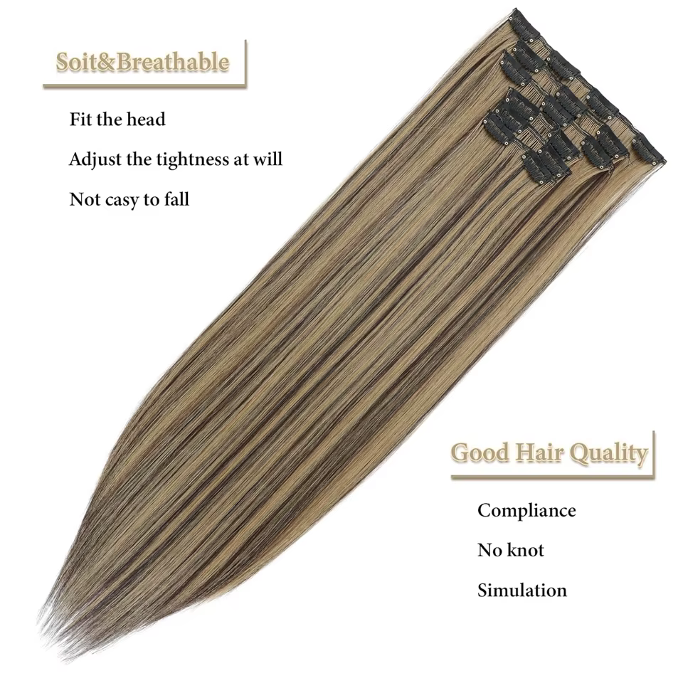 Extensions de cheveux synthétiques à clipser, mèches blondes longues et lisses, postiches complètes épaisses pour femmes et filles, lot de 6 pièces
