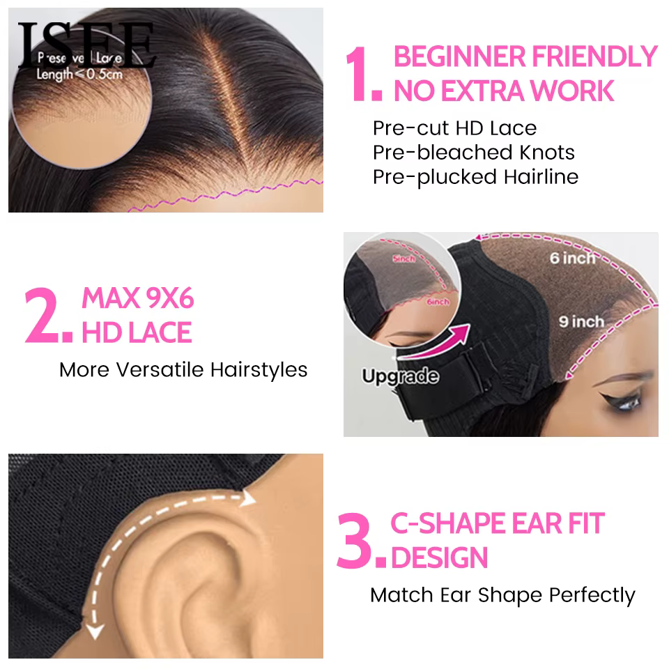 ISEE Hair 9X6 birman bouclés sans colle perruques naturel noir pré blanchi perruque de cheveux humains m-cap porter