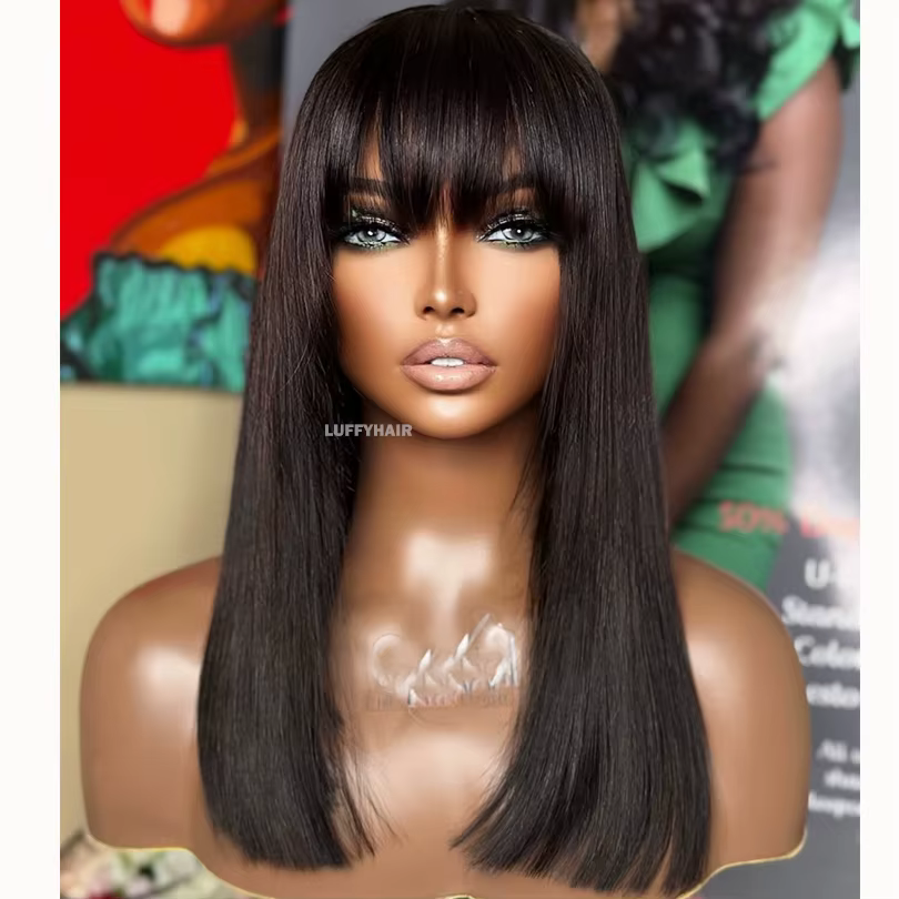 16 pouces droite Bob perruque avec frange cheveux humains pleine dentelle courte noir Bob perruques 5x5 Base de soie
