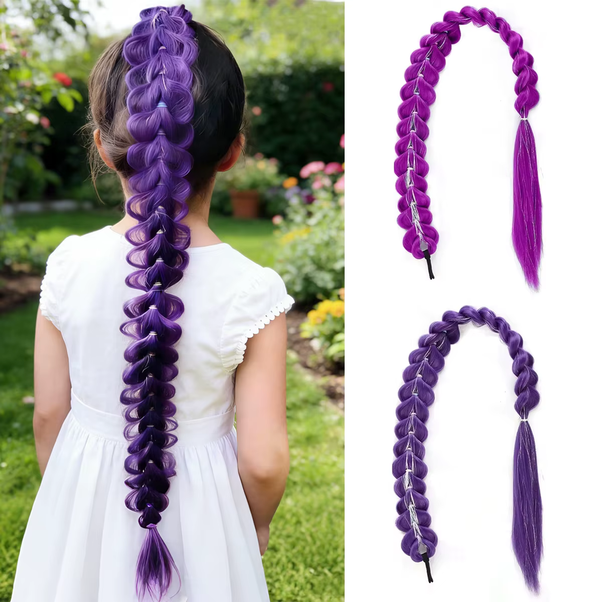 32 pouces tressé violet cheveux queue de cheval avec guirlandes perruque Super longues Extensions brillant