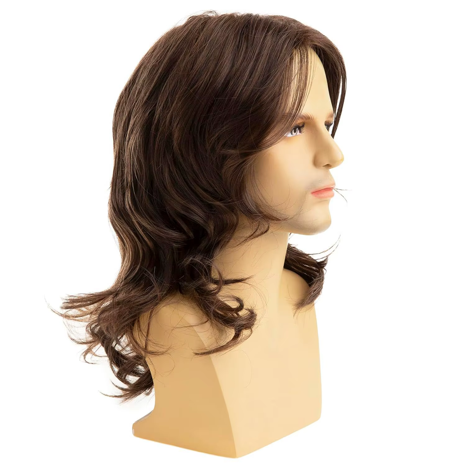 Perruque synthétique longue bouclée ondulée brune pour hommes