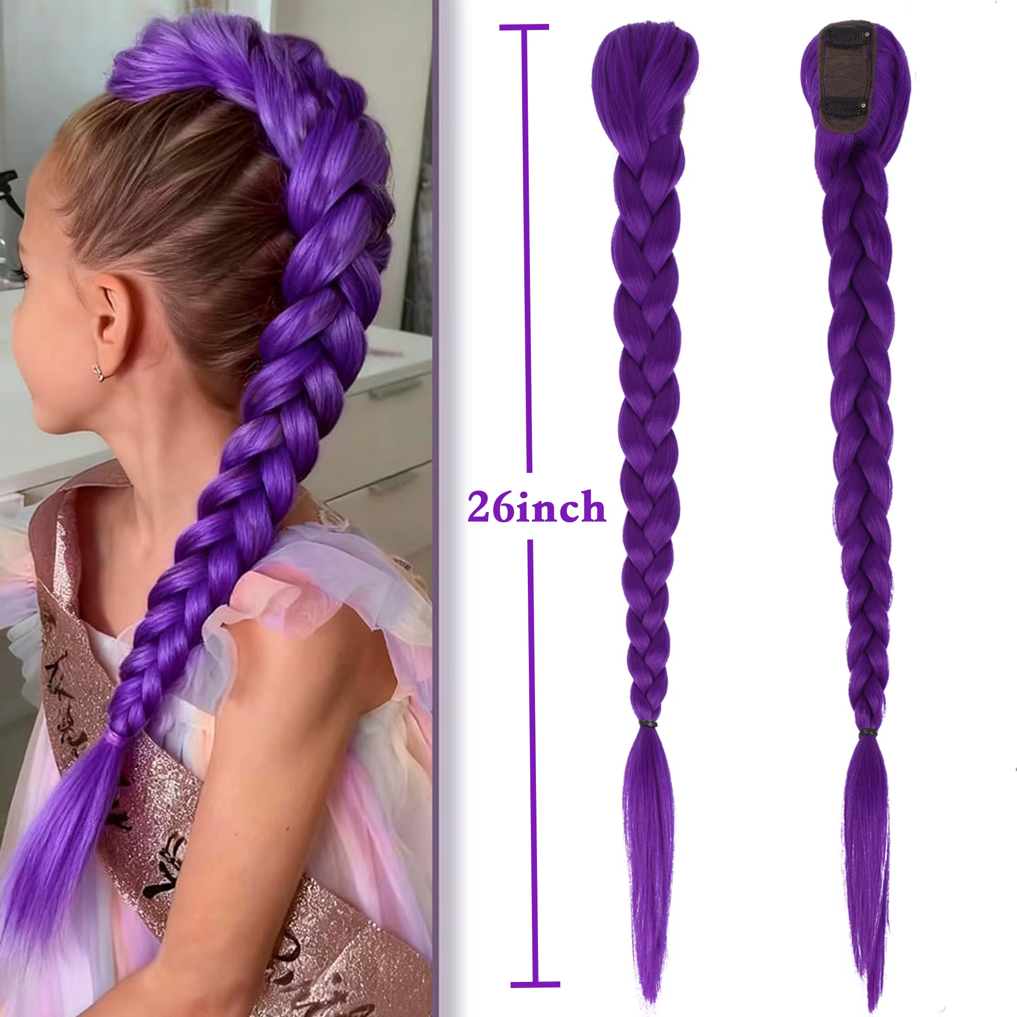 Extension de cheveux queue de cheval longue tressée Kpop Rumi violette à clipser