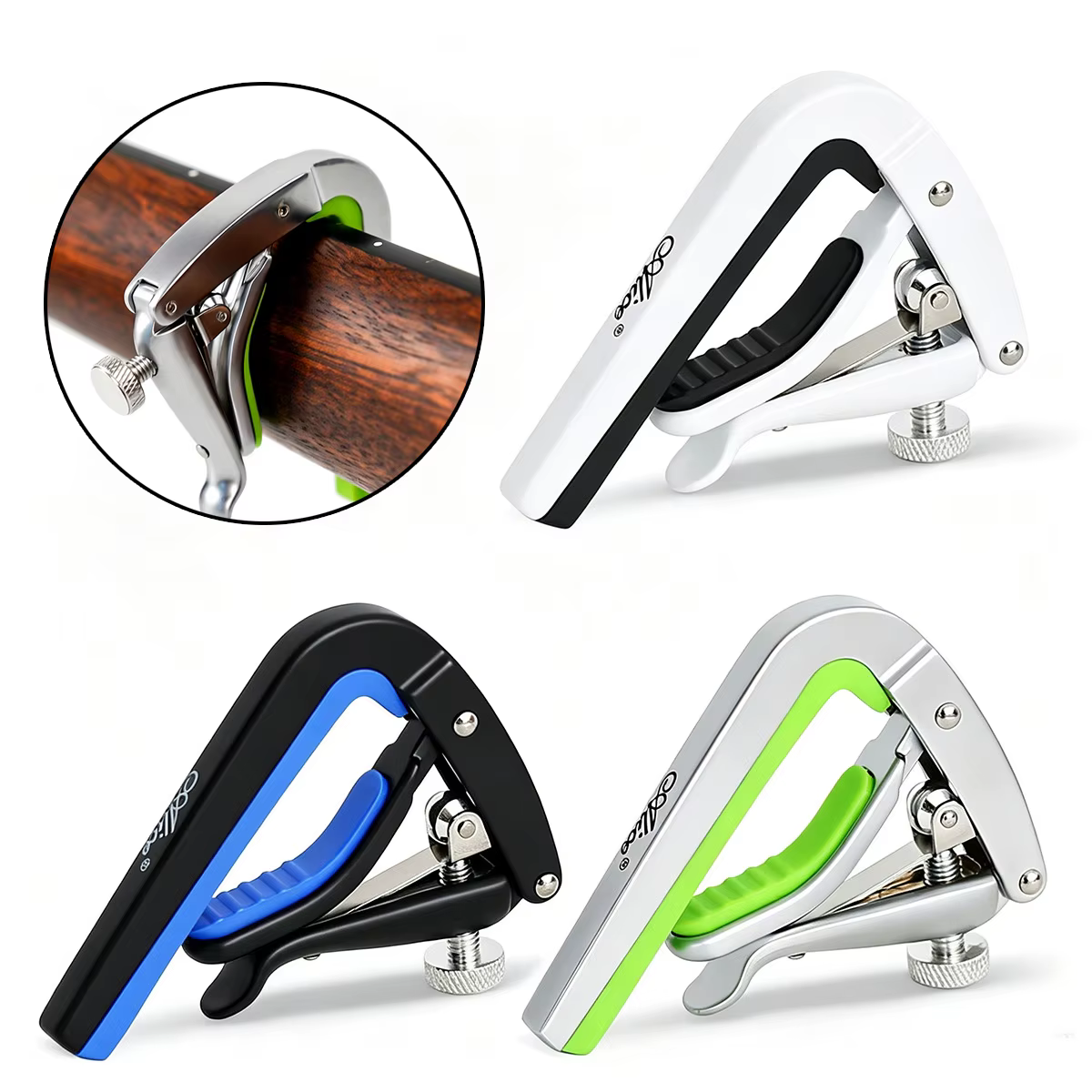 Alice A007N-A Capodastre à roulettes pour guitare – 3 couleurs (noir/blanc/argent), 31g, alliage d'aluminium, coussinet en silicone, pression réglable