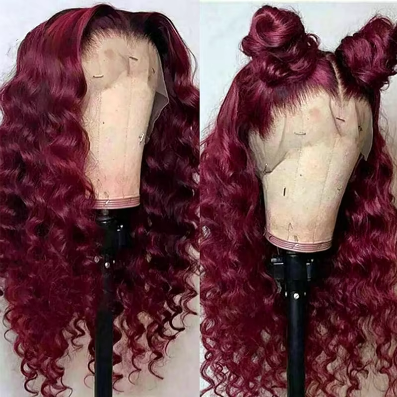 250% 13x4 HD Transparent vague profonde frontale perruque couleur 99j bordeaux profond bouclés dentelle avant perruques