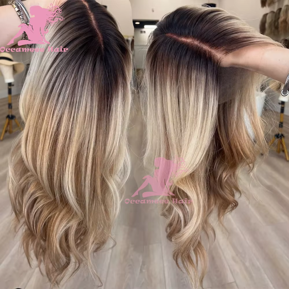 Perruque Lace Frontale en Cheveux Humains Body Wave Ombré Blond Cendré avec Mèches