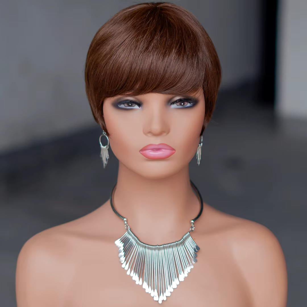 Perruque courte brune perruques de cheveux humains brun chocolat perruques courtes coupe lutin avec frange pas cher pleine Machine perruques de cheveux brésiliens en vente