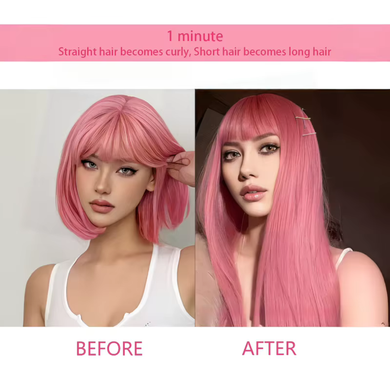 7 Clips dans les Extensions de cheveux longue coiffure droite rose 60CM