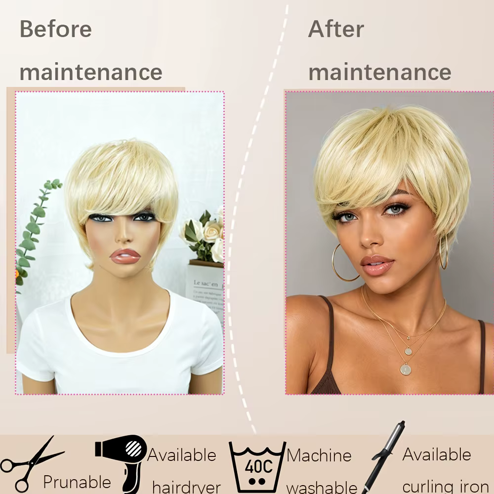 Perruques blondes en cheveux humains coupés style pixie pour femmes