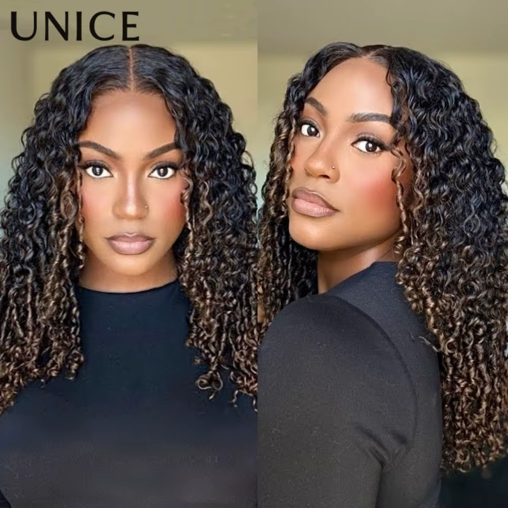 UNice cheveux châtain brun ombré crépus bouclés demi perruques avec bords 4C et cordon invisible 100%