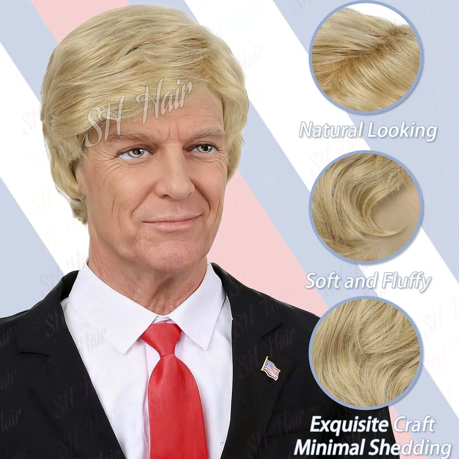 Perruque de Costume synthétique Blonde 3 pièces + épingle à drapeau + cravate rouge pour adultes