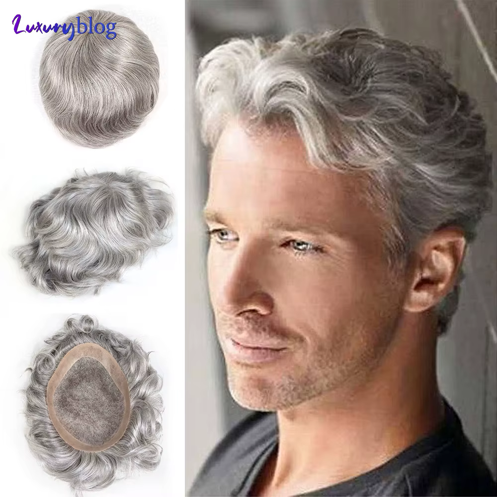 # 580 toupet de cheveux humains pour hommes argent gris postiche