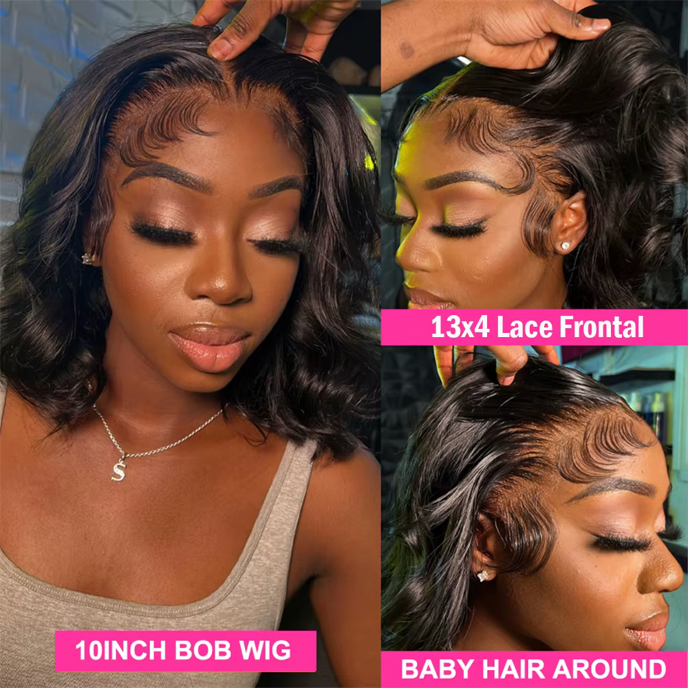 Perruque Bob 100% Cheveux Humains Ondulés avec Dentelle Frontale Pré-Pluckée 13x4
