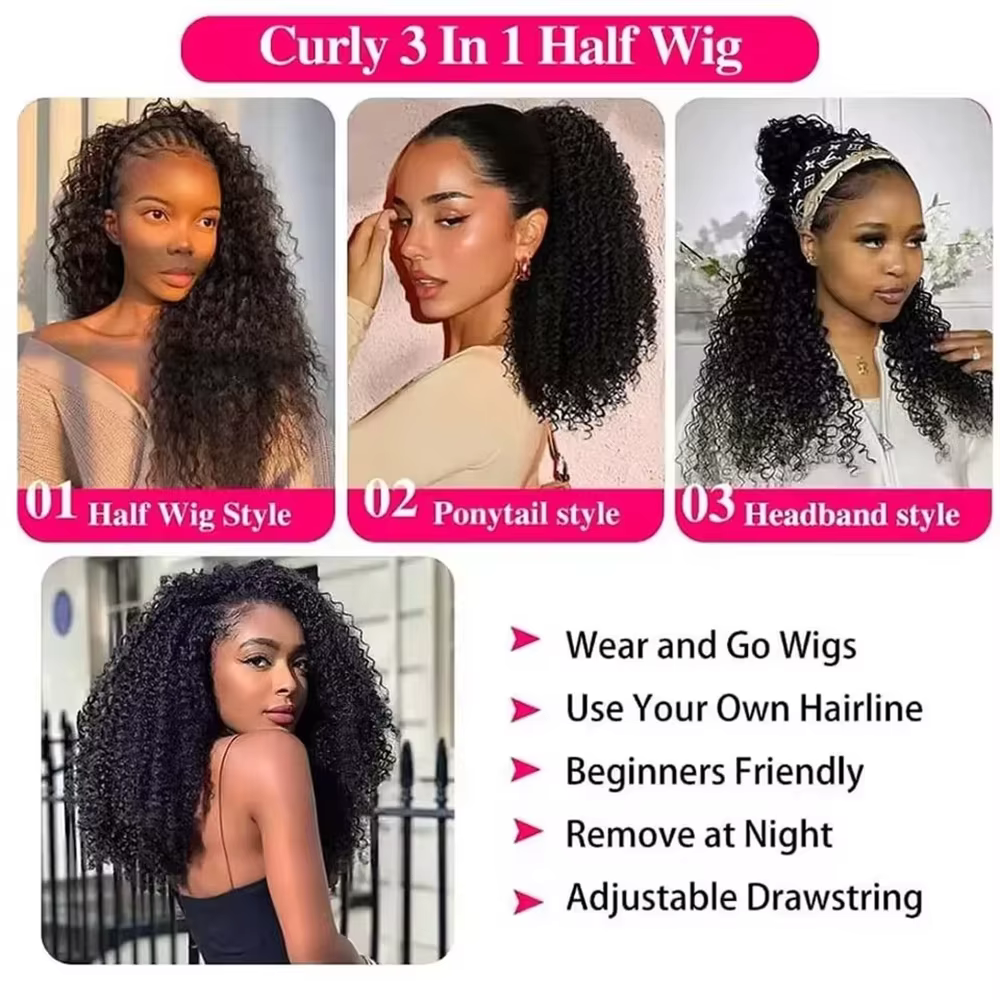 Demi-perruque de cheveux humains crépus bouclés