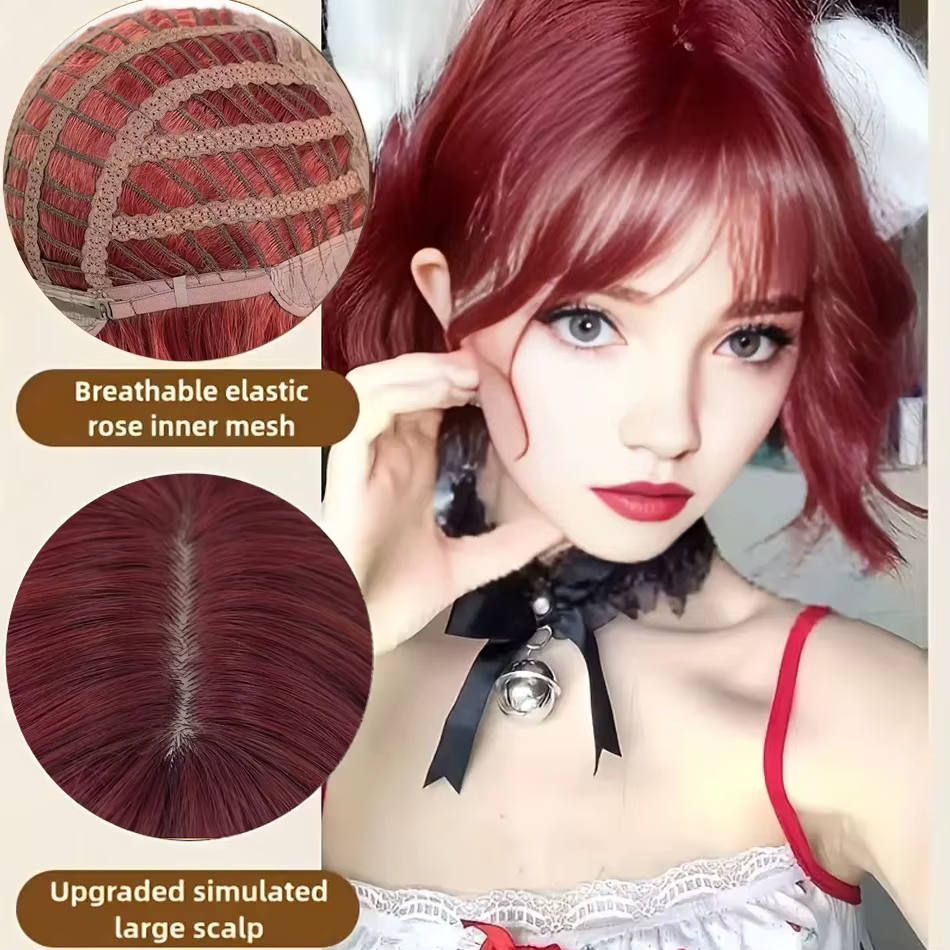 Perruque synthétique courte bouclée rouge framboise