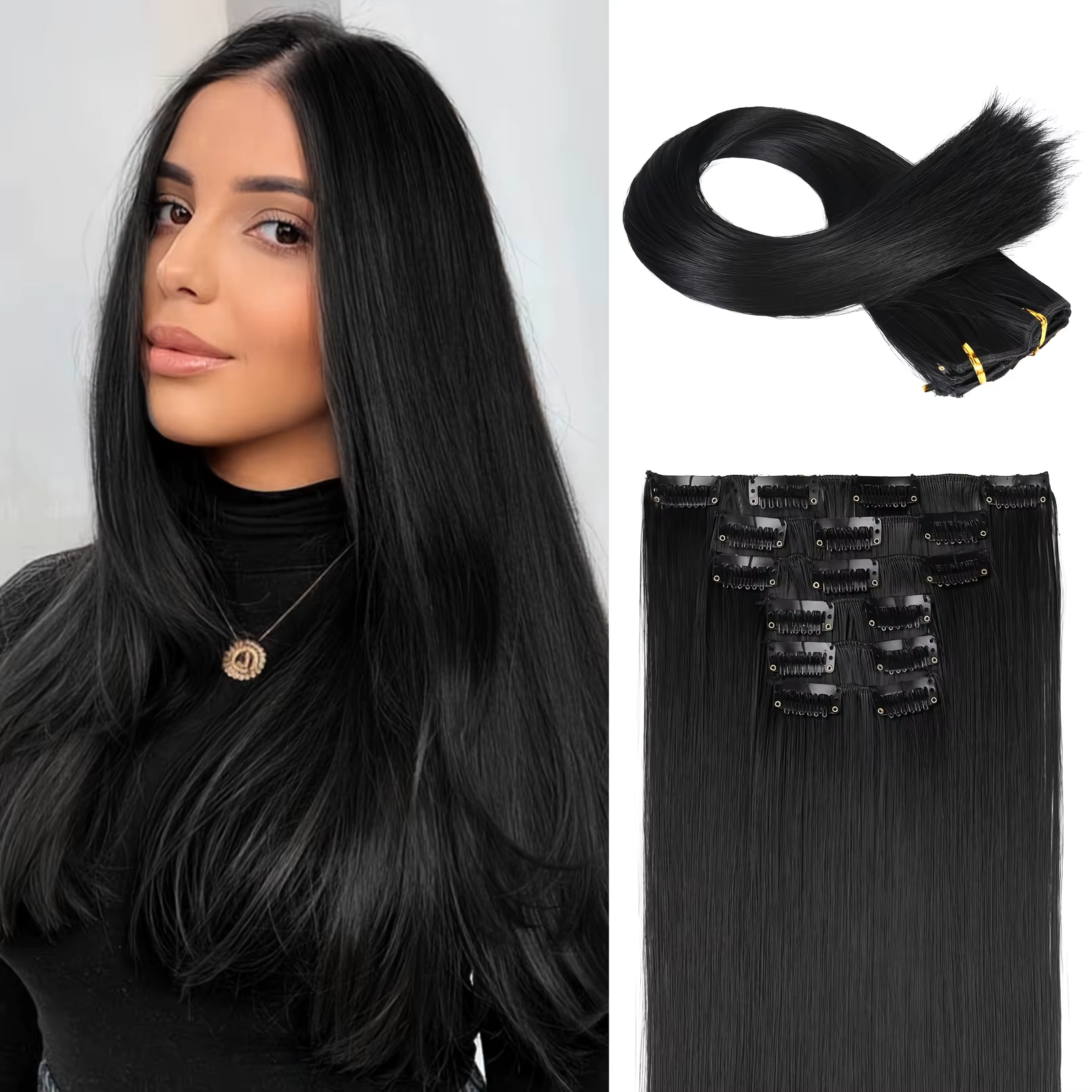 6 extensions de cheveux lisses à clipser pour femmes - Postiche synthétique résistant à la chaleur avec effet naturel