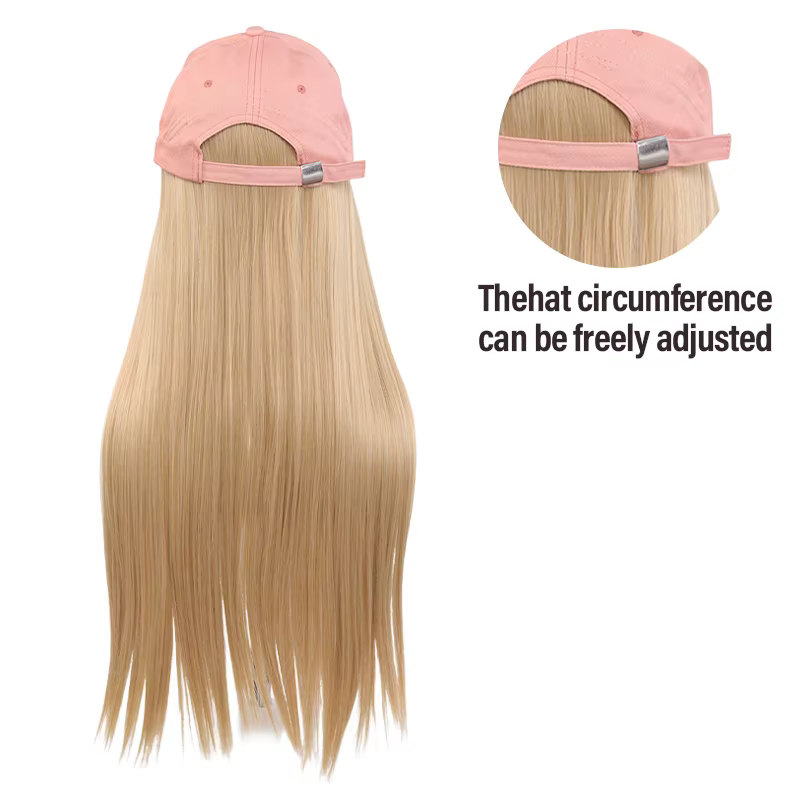 Casquette de baseball rose tendance avec perruque synthétique à cheveux blonds longs – Légère